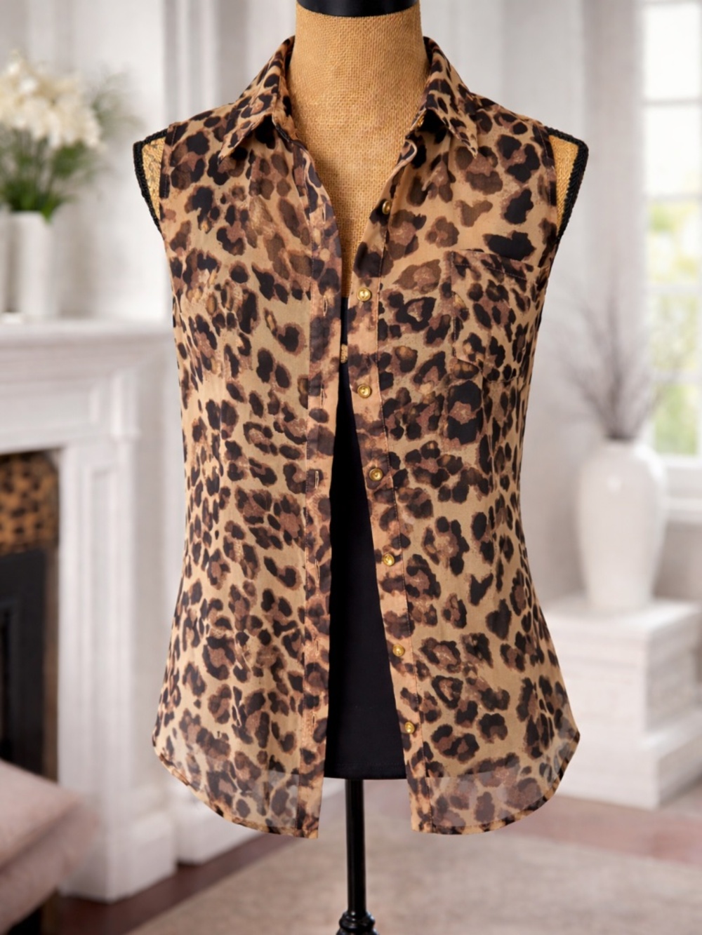 "Mine" Sheer Leopard Print Sleeveless Blouse Gold Buttons - Women's Large